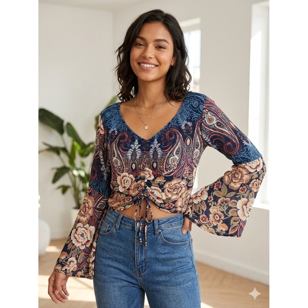 Angie Floral Long Sleeve Bell V -Neck Adjustable Hem Blue Small Boho Hippie
